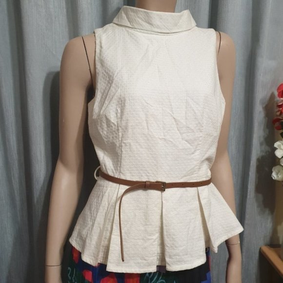 FOREVER21 US/UK-S AU 8-10 White Sleeveless Blouse w/ Brown Belt Zipped Back - Picture 6 of 14